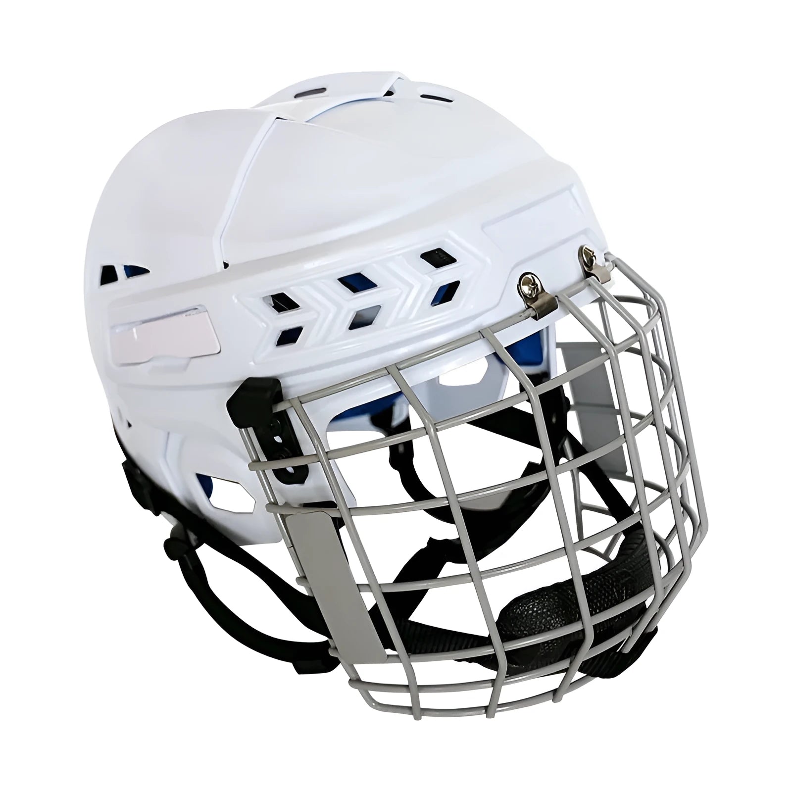 Ice hockey helmet with a carbon steel face mask, shown in size options S, M, L, XL.