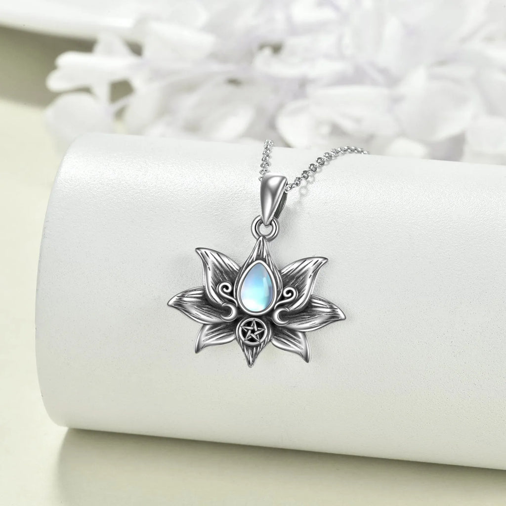 Sterling silver moonstone lotus flower pendant necklace, retro silver finish, teardrop moonstone, calendered O-chain