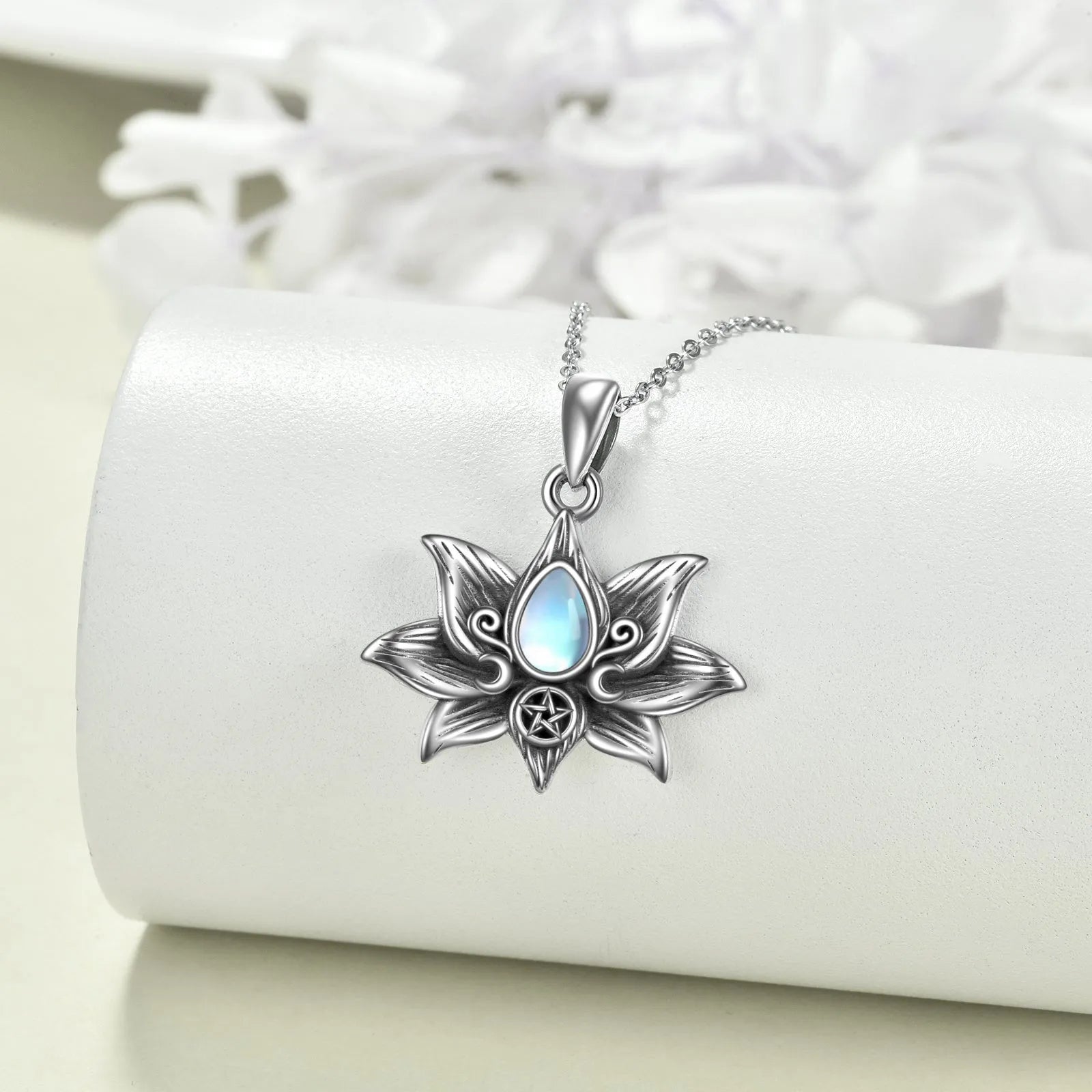 Sterling silver moonstone lotus flower pendant necklace, retro silver finish, teardrop moonstone, calendered O-chain