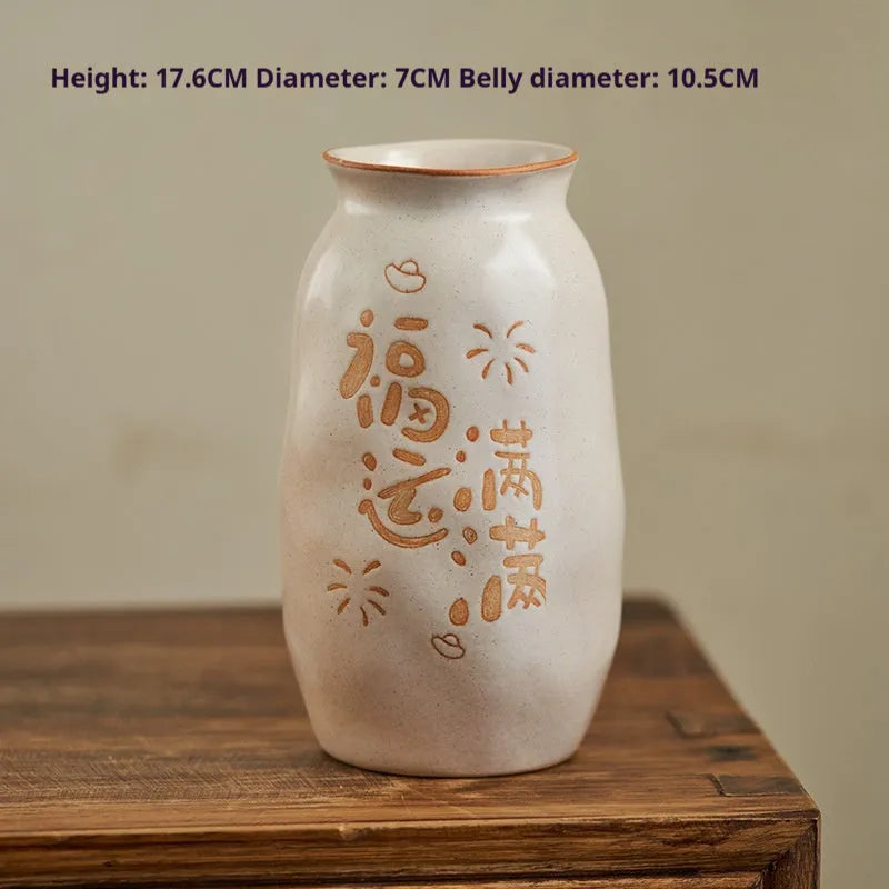 Chinese hand-painted ceramic joy vase with traditional designs and 8 cm base
