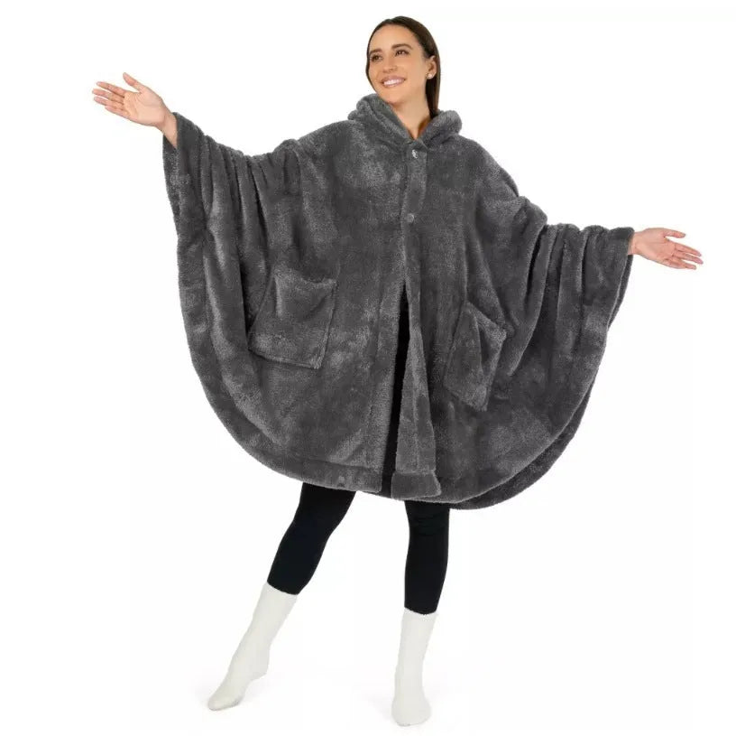 Thickened hooded cloak bathrobe in polyester fabric with cardigan-style front opening