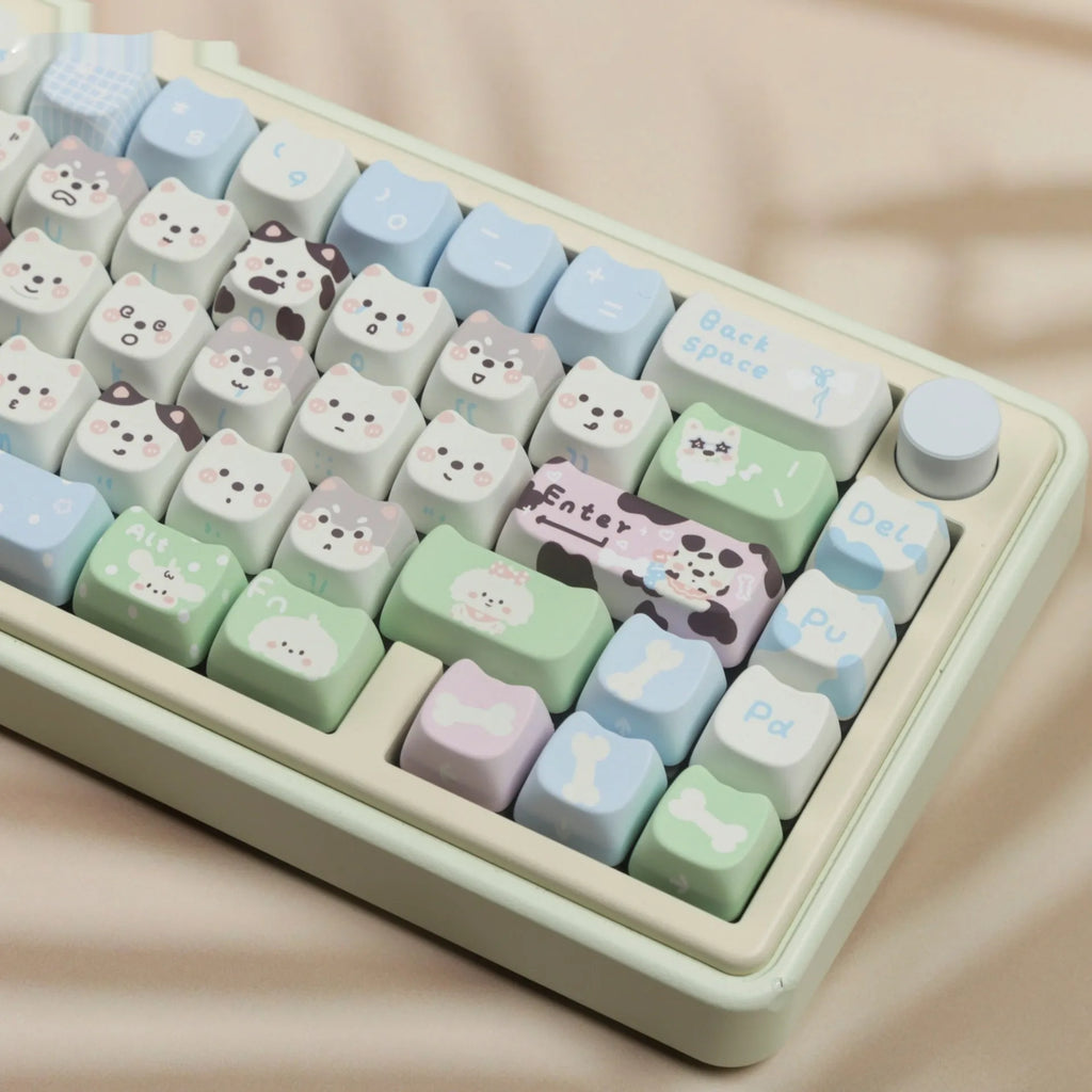 Full set of PBT sublimation keycaps with cat and puppy animal designs for mechanical keyboards