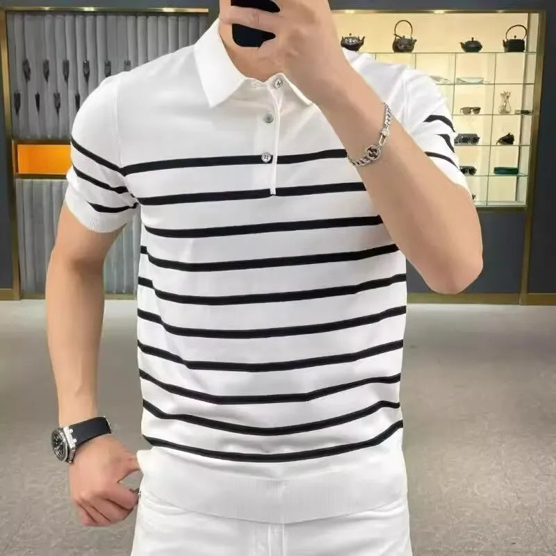 Men's black striped lapel knitted pullover t-shirt on white background