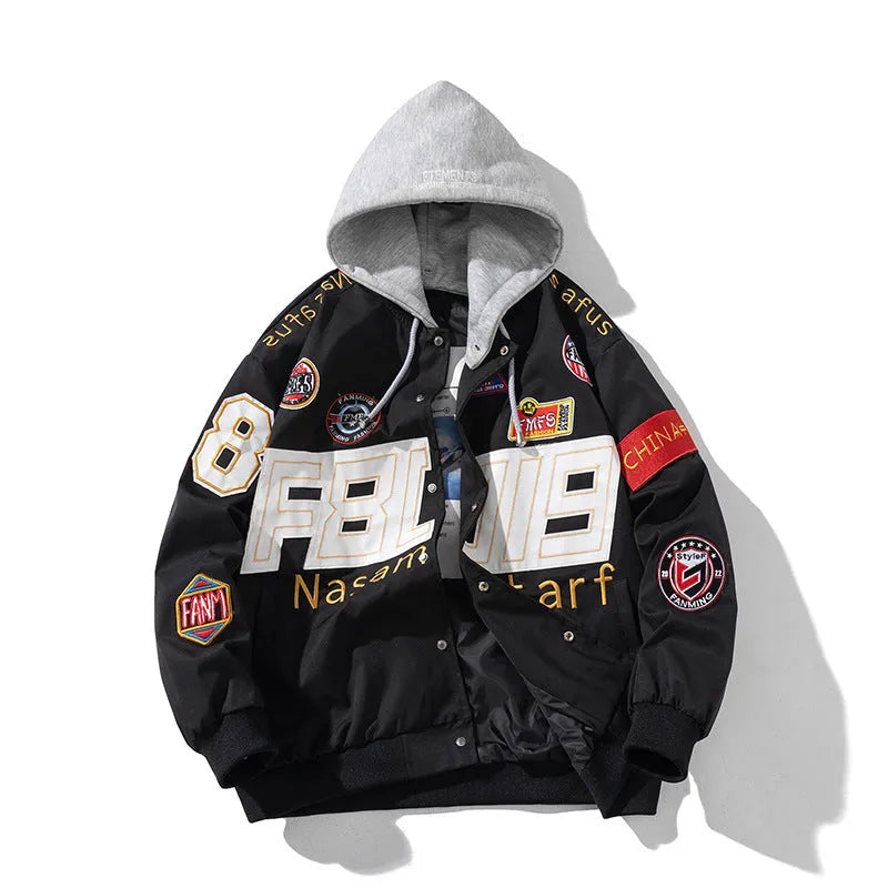 Black red blue motorcycle baseball uniform with hood and cotton padding for autumn winter riding