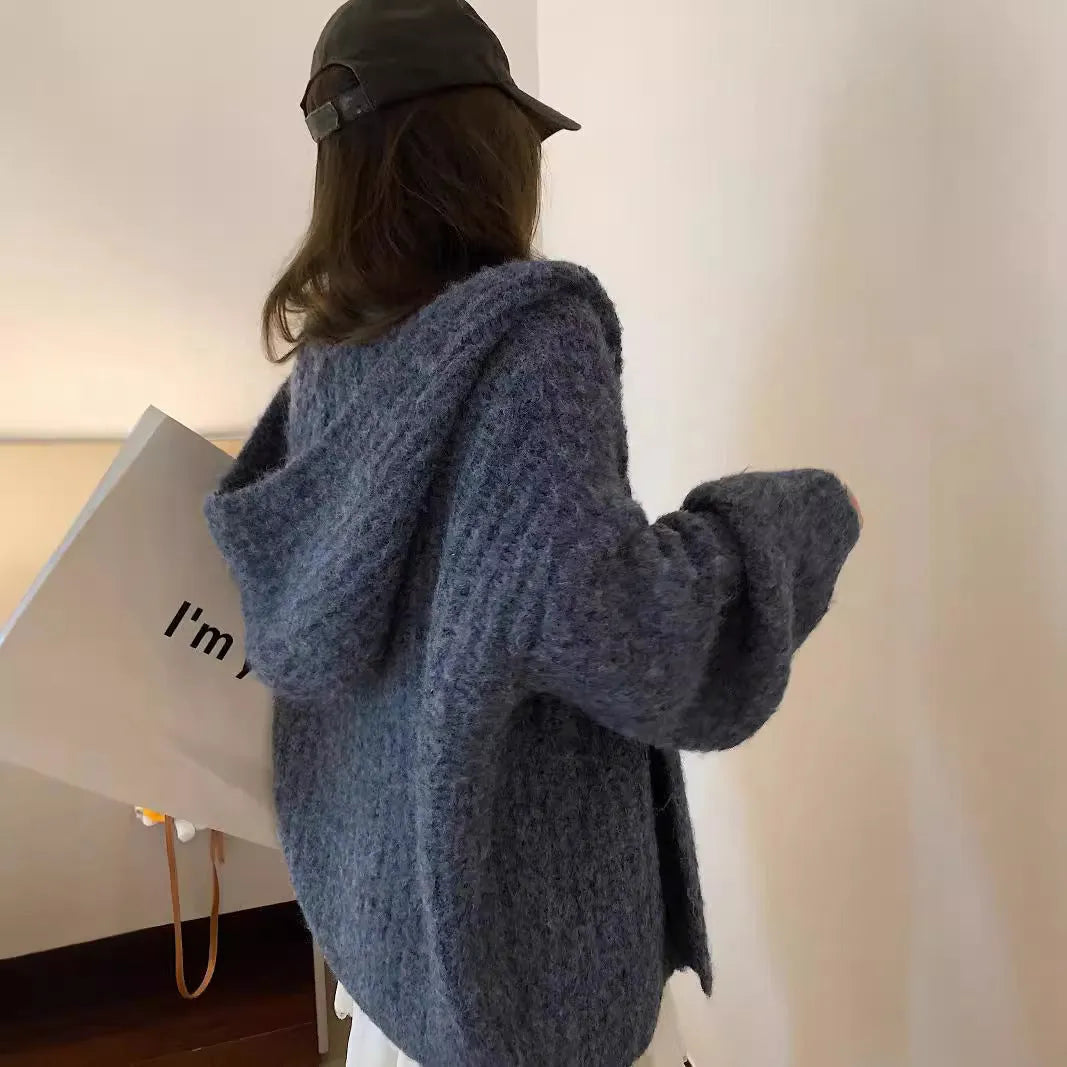 Women's dark grey retro Maillard hooded sweater cardigan with loose fit.