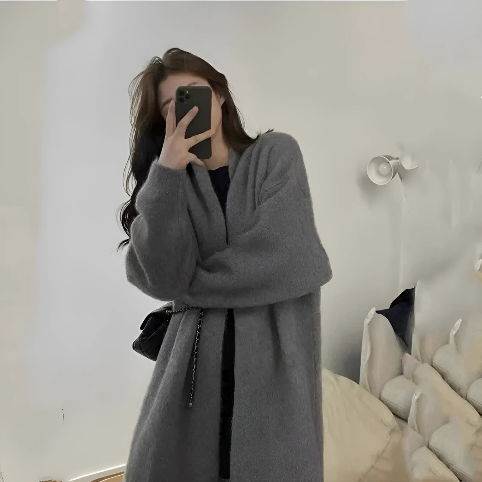 Women's loose fit chenille cardigan with 3D pattern in dark grey