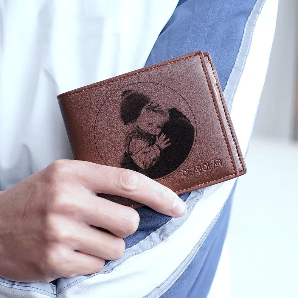 Men's brown leather wallet with a silver zip and seven visible card slots.