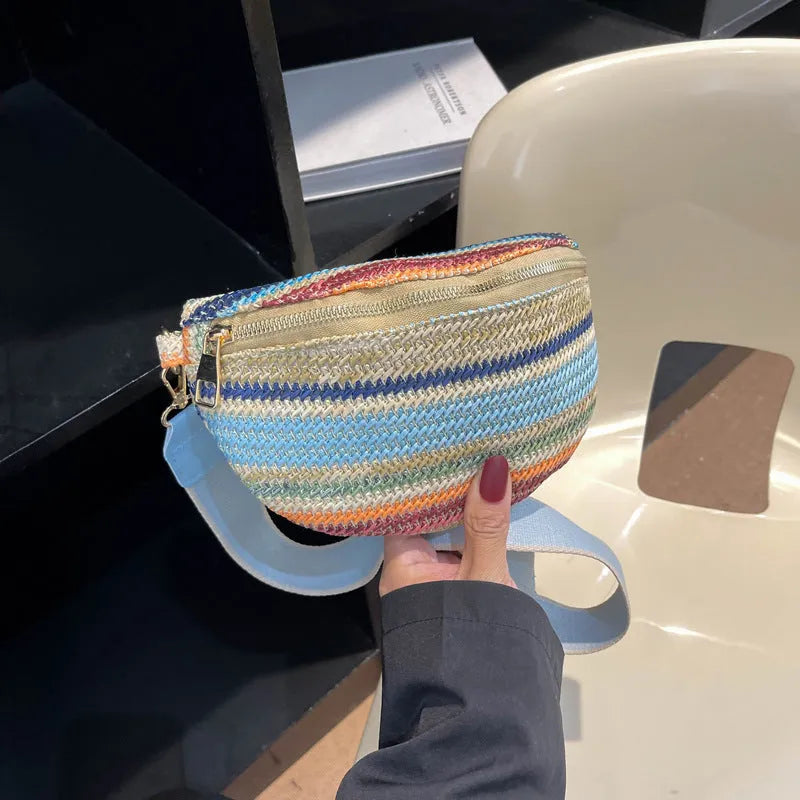 Blue bohemian style straw woven women's beach bag with single shoulder strap and zipper pocket