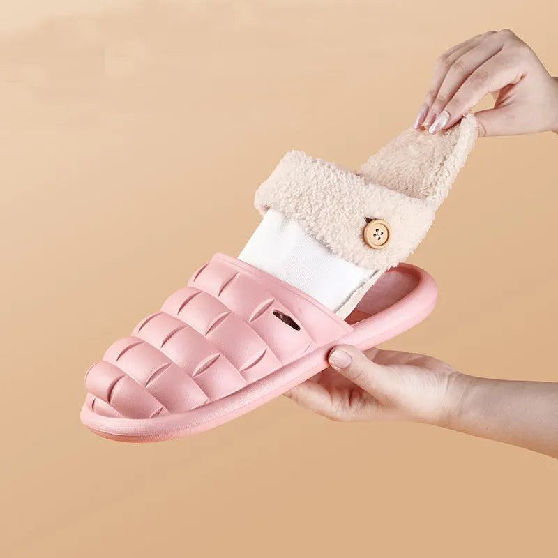Plaid detachable EVA house slippers with plush lining, shown in assorted colours.