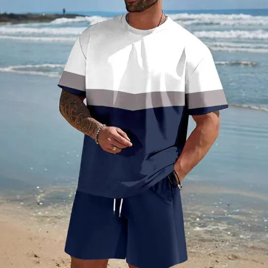 Men's loose-fit polyester short-sleeved T-shirt and matching shorts leisure set in summer colours