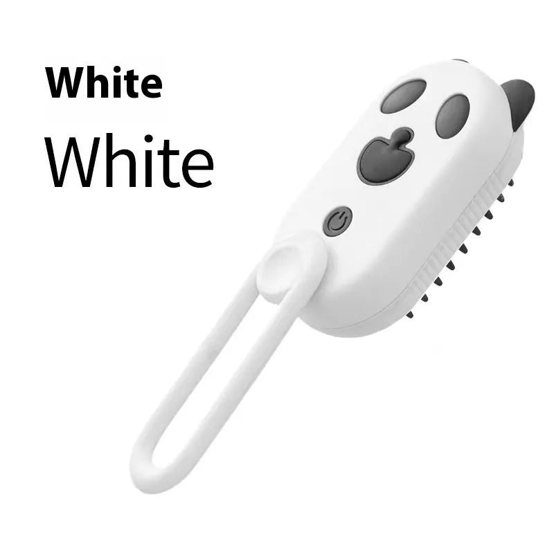 Avocado green handheld pet spray massage brush with rotating bristle head and bottle of essence.