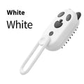 Avocado green handheld pet spray massage brush with rotating bristle head and bottle of essence.