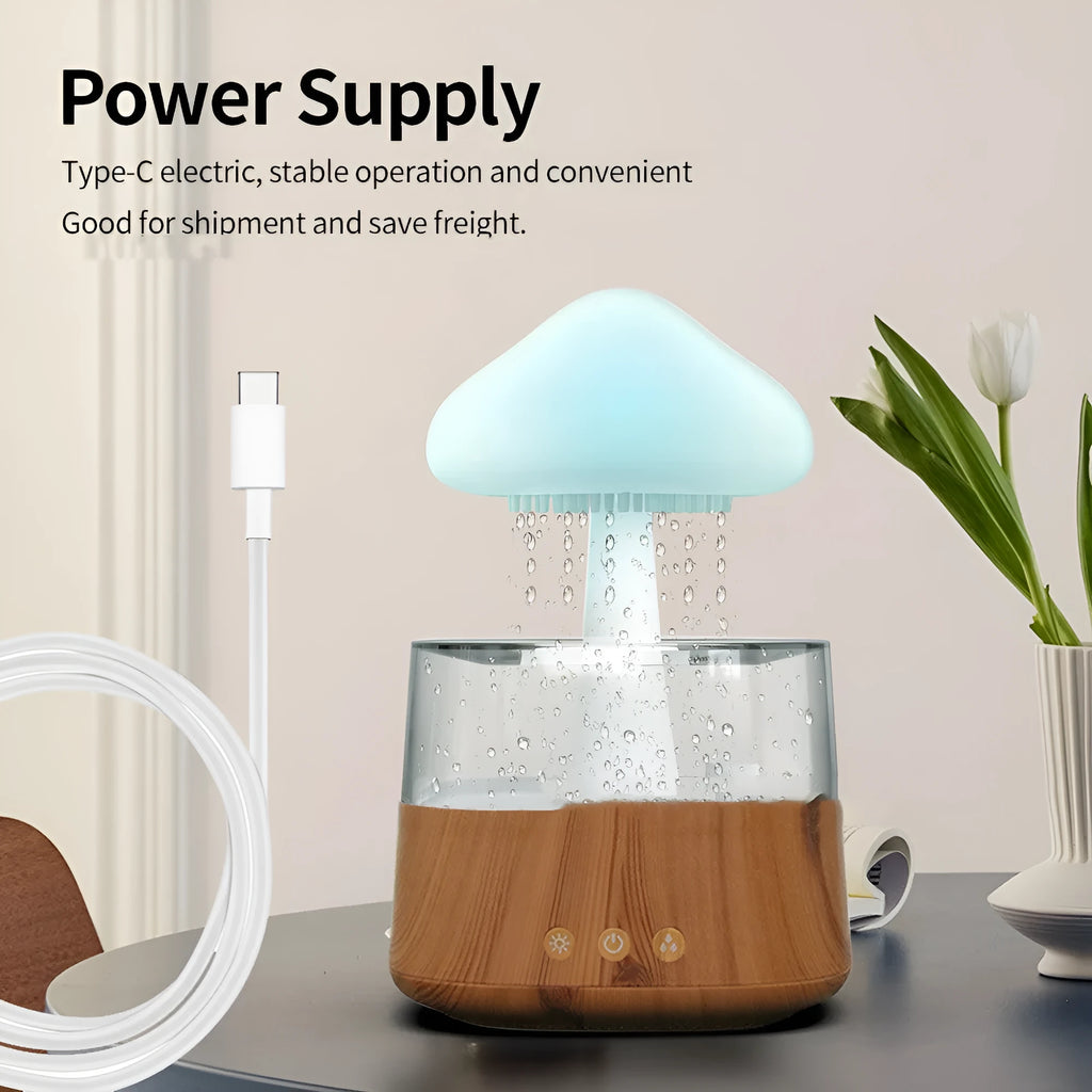 Ultrasonic atomising humidifier wood grain finish cloud and rain mist seven colour light USB power 0.5L tank