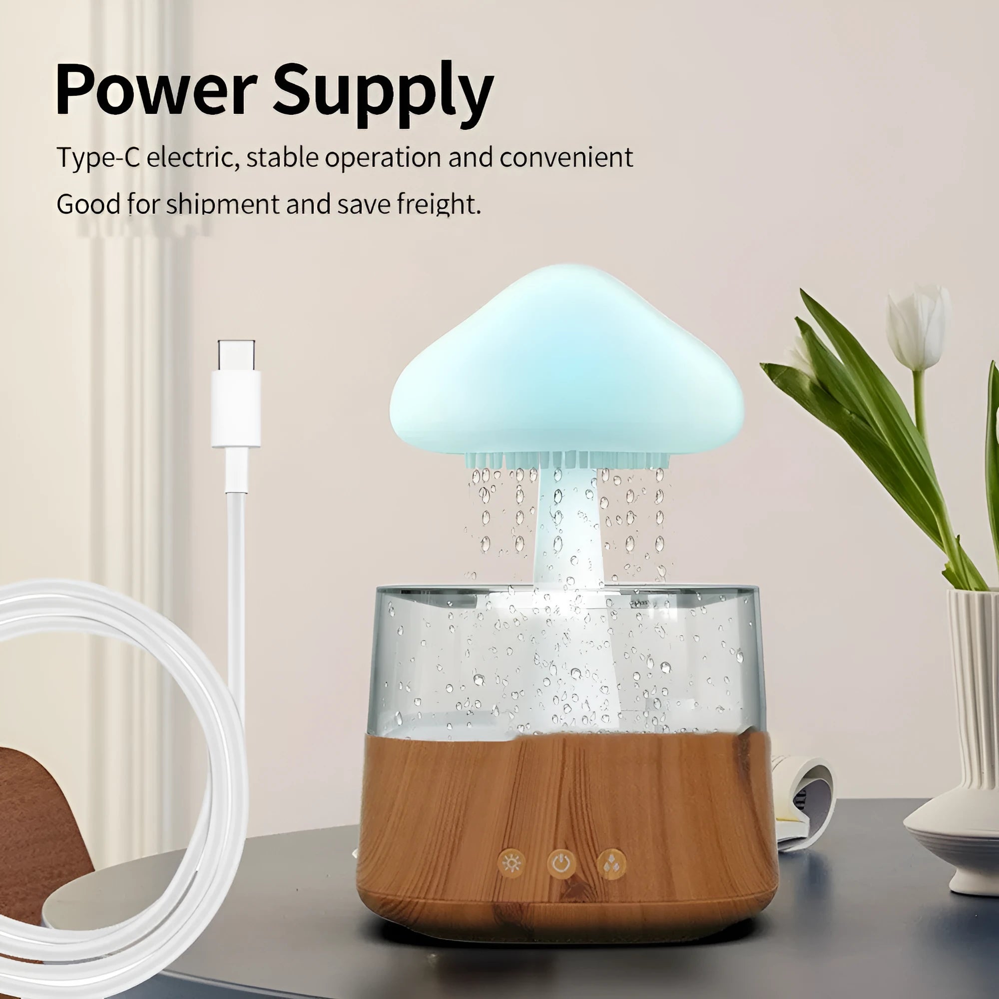 Ultrasonic atomising humidifier wood grain finish cloud and rain mist seven colour light USB power 0.5L tank