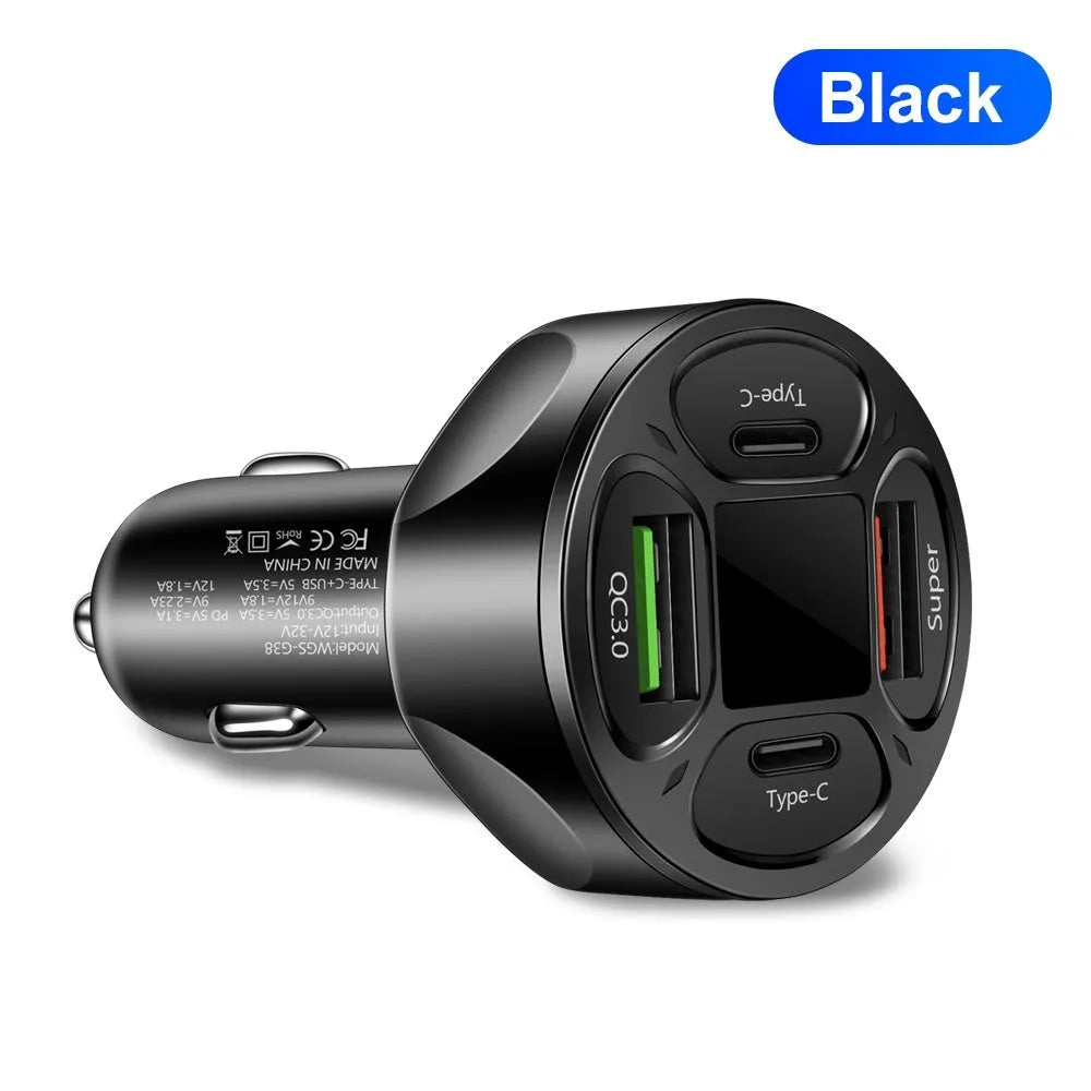 Black digital display car charger with two USB ports and two Type-C ports, showing voltage readout.