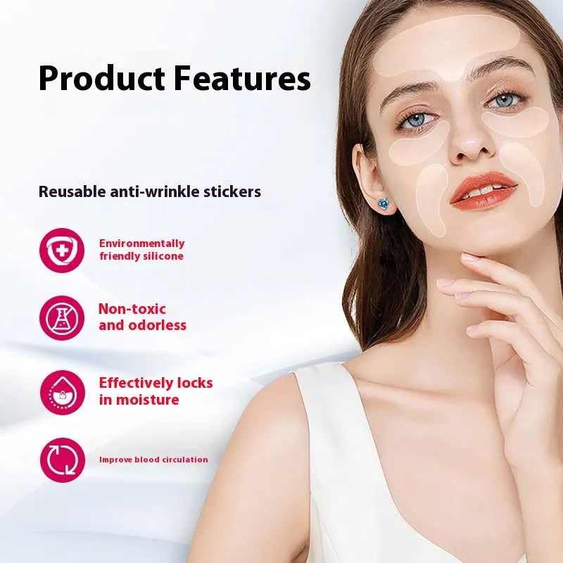 Five silicone anti-wrinkle face stickers arranged on white background