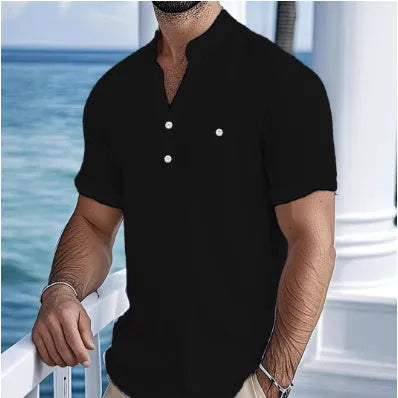 Men's linen short sleeve shirt with stand collar in light blue colour