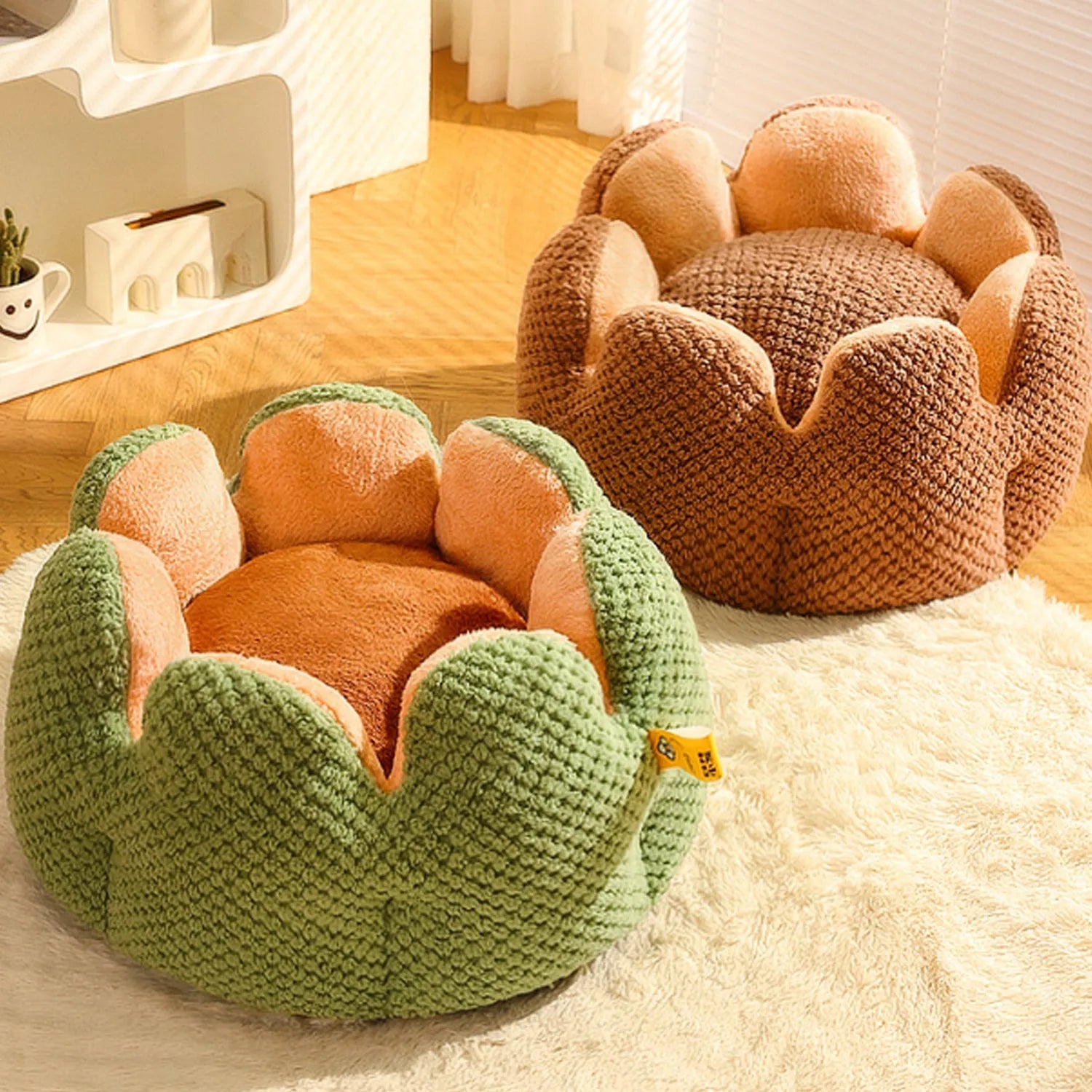 Cactus petal shape pet bed in plush material with sheltered design and non-slip base