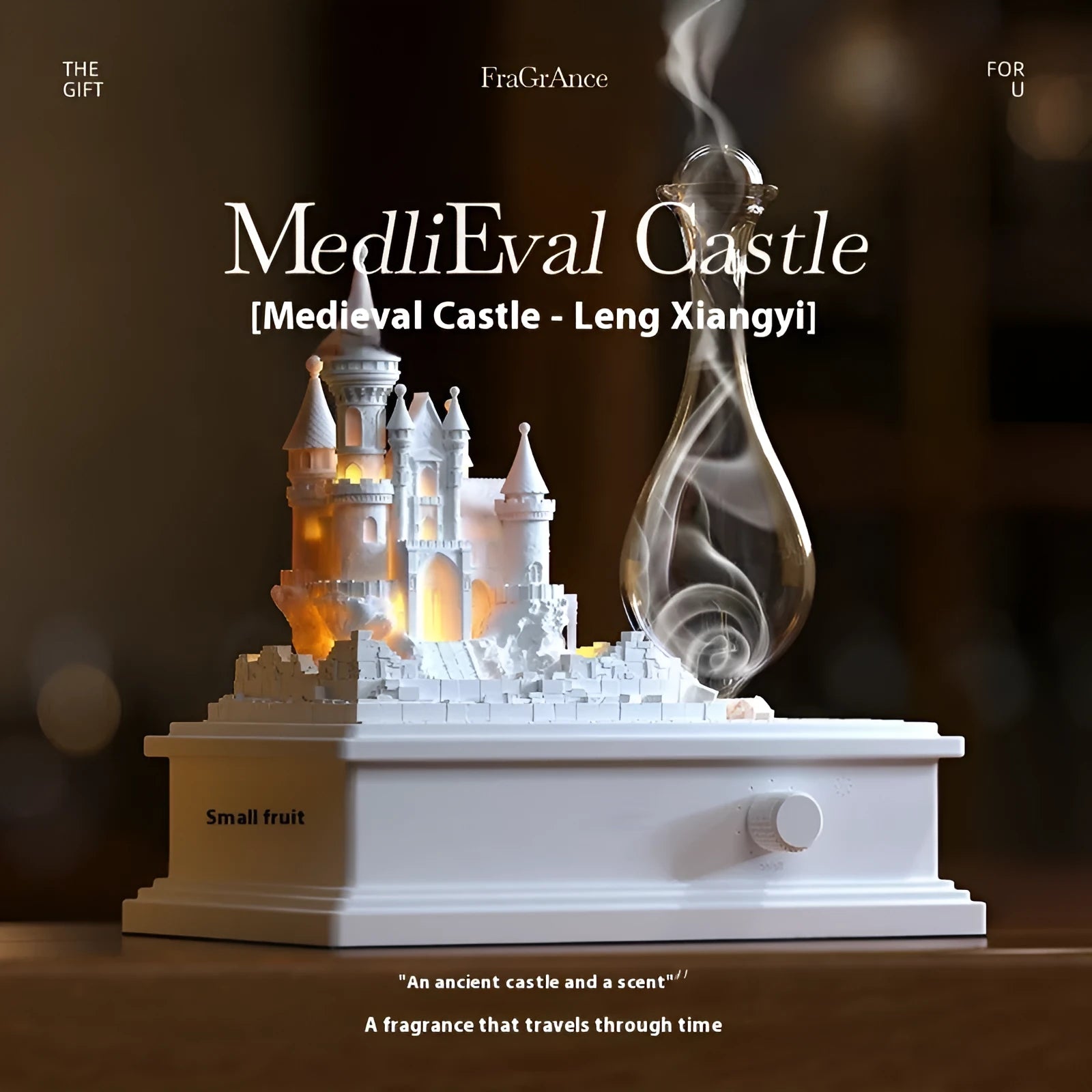 White composite gypsum medieval castle waterless aromatherapy machine with ambient light on a table