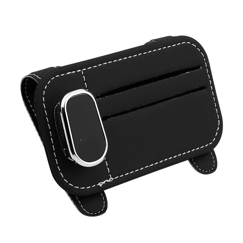 Leather car sun visor card holder with glasses clip function in multiple colour options