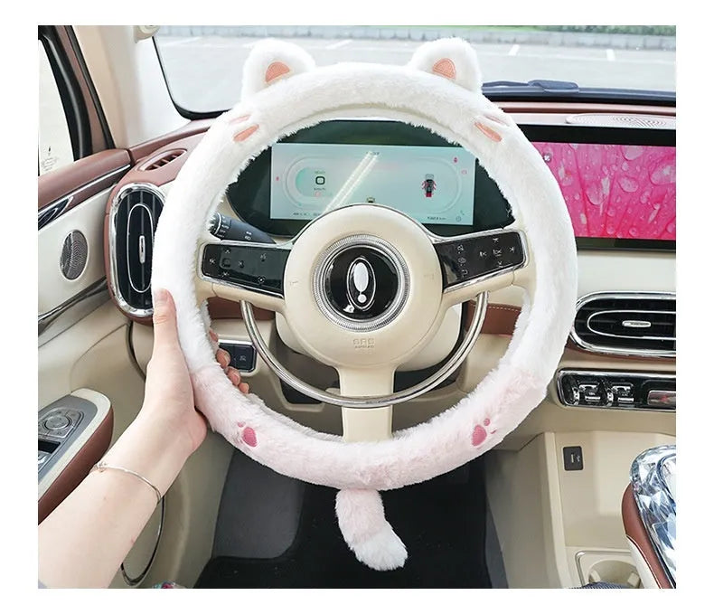 Rabbit fur plush steering wheel cover with embroidered cartoon panda design for winter.