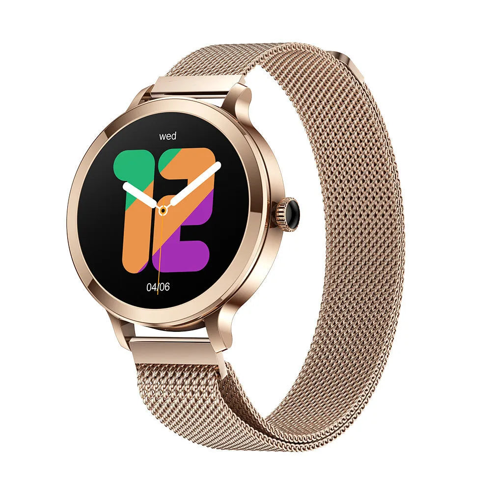 Women's AMOLED smartwatch with Bluetooth calling, gold steel case, 1.106 inch screen