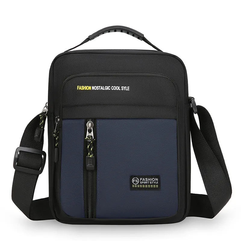 Men's casual outdoor nylon messenger bag in crossbody style with visible sewing details