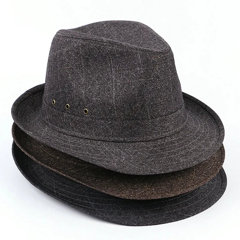Men's thickened fedora hat shown in classic colours with size options from 57 to 60 centimetres.