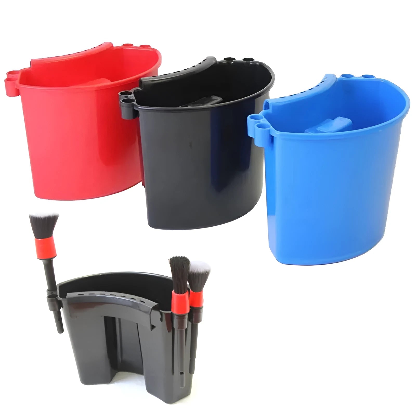 PP plastic car wash bucket in black, red, blue, and pink colour options