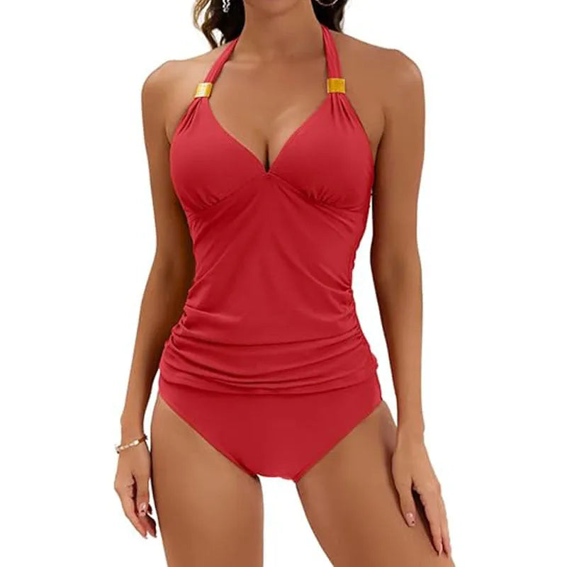Women's red halter neck two-piece swimsuit with split-tie briefs on a neutral background.