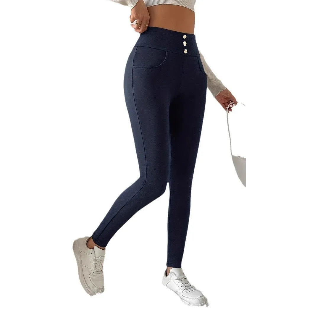 Navy blue women's high-waist straight-leg trousers with micro elasticity and Japanese-Korean casual styling