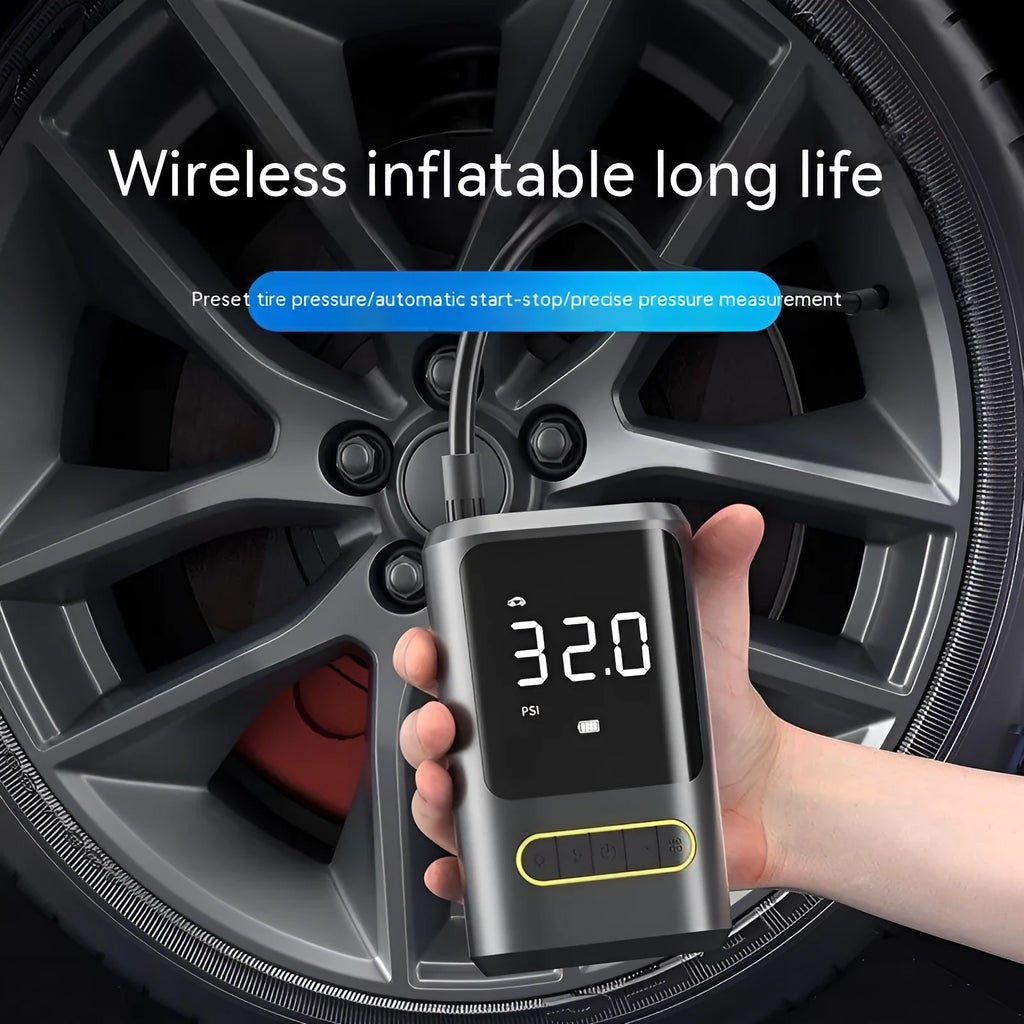 Handheld wireless digital display air pump with LED light shown inflating a car tyre