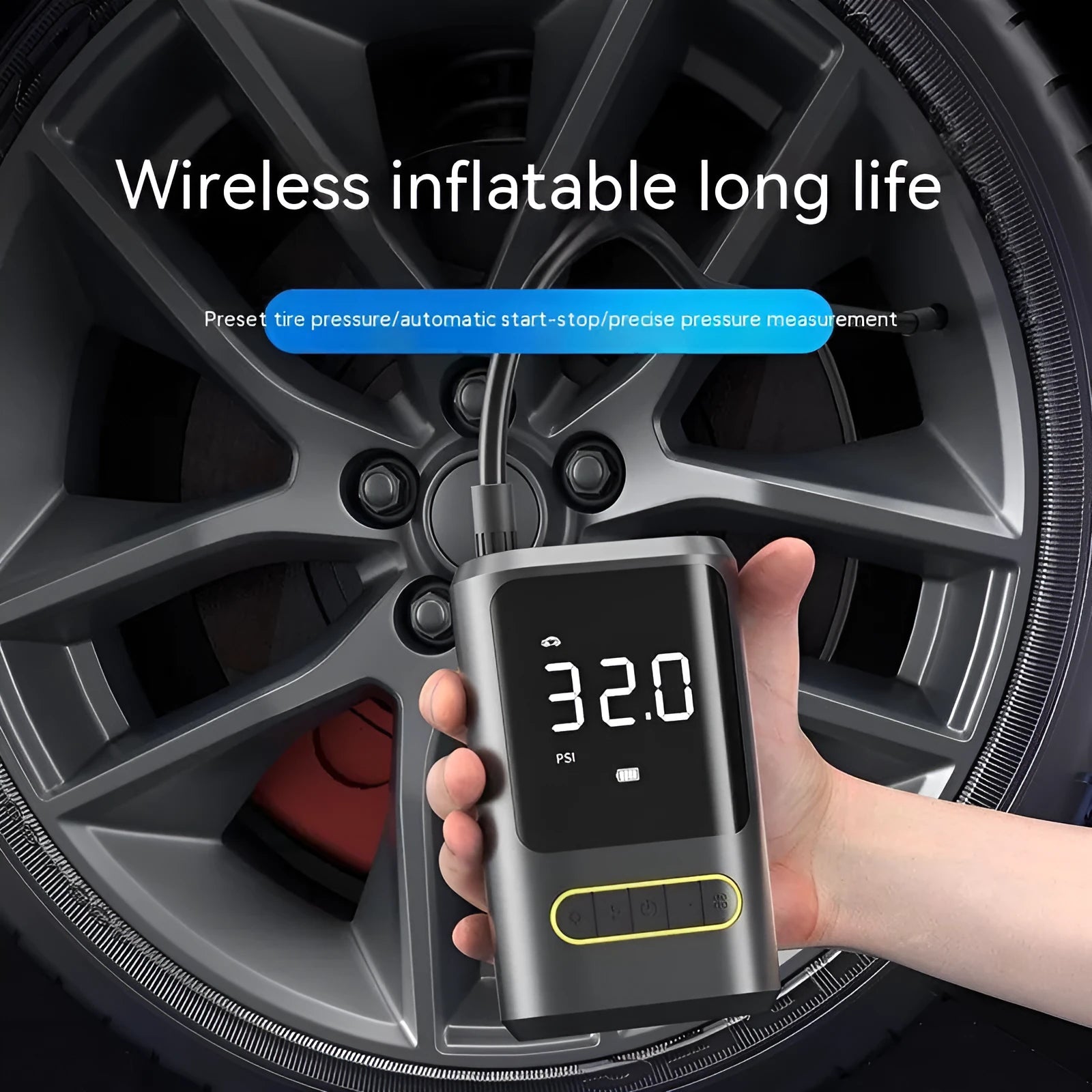 Handheld wireless digital display air pump with LED light shown inflating a car tyre