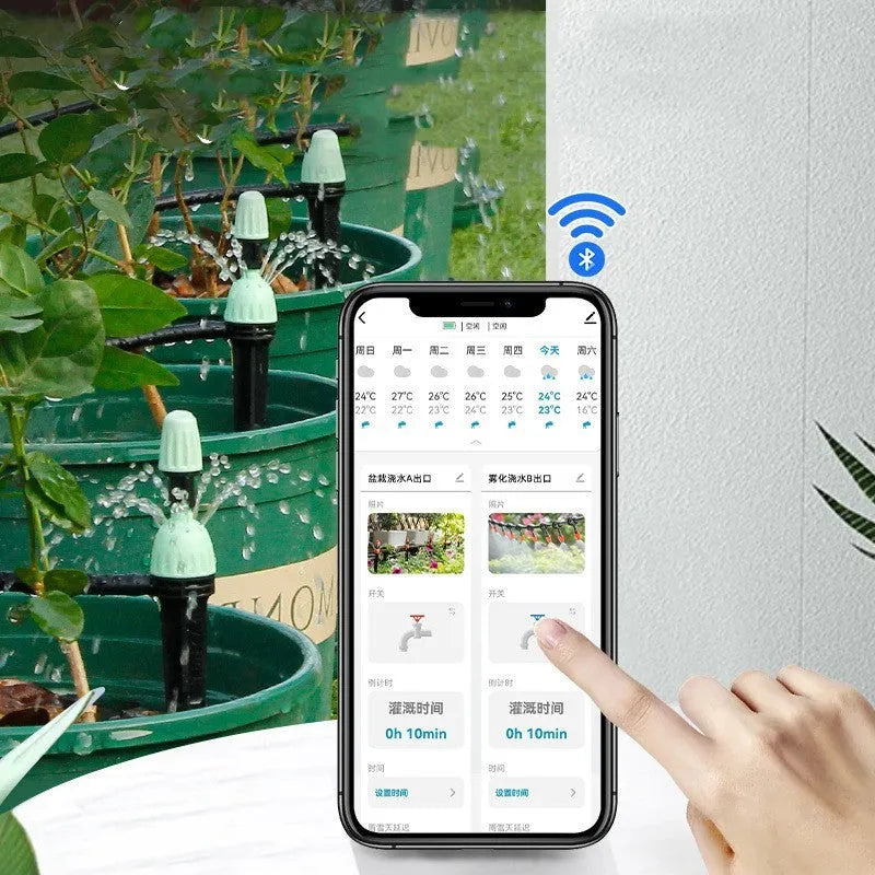 Bluetooth dual watering controller for remote mobile phone irrigation with display and hose connections