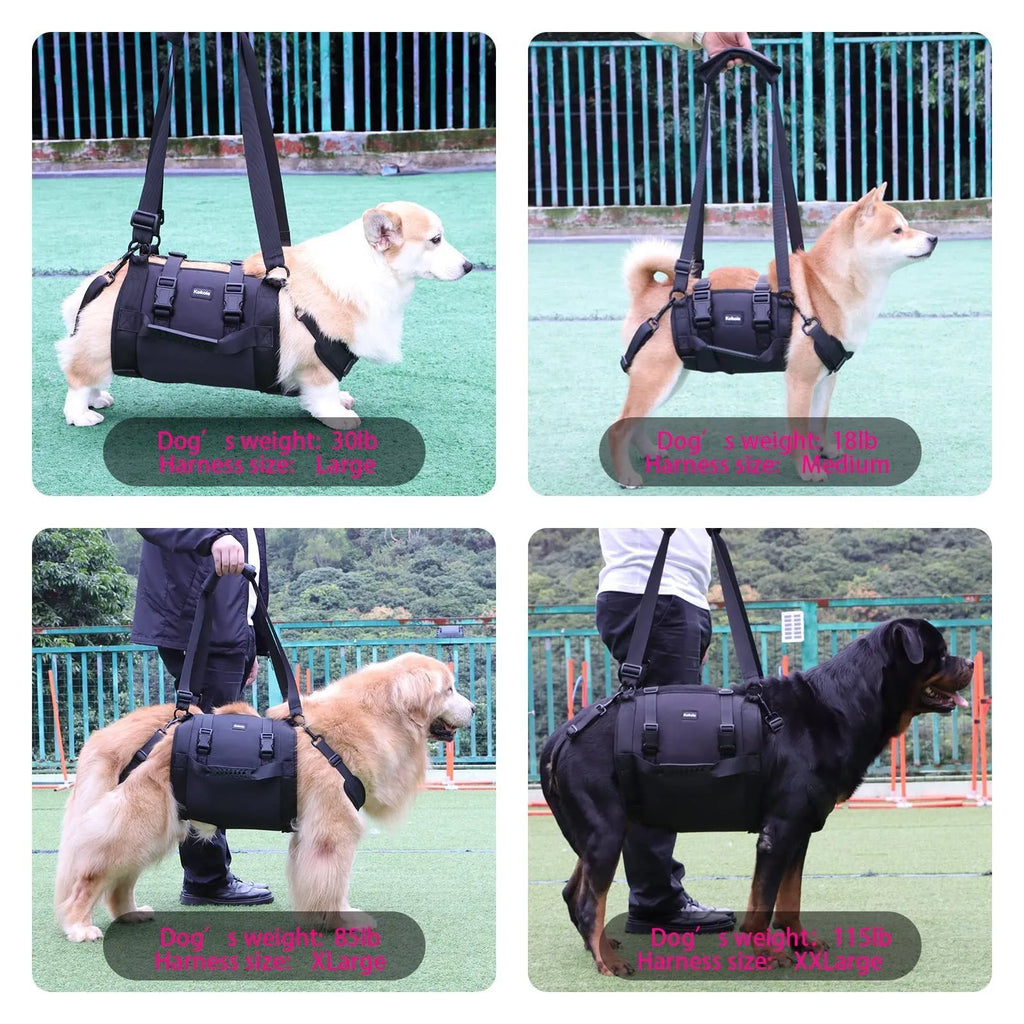 Black Oxford cloth dog harness with leg support and adjustable breast strap for rehabilitation