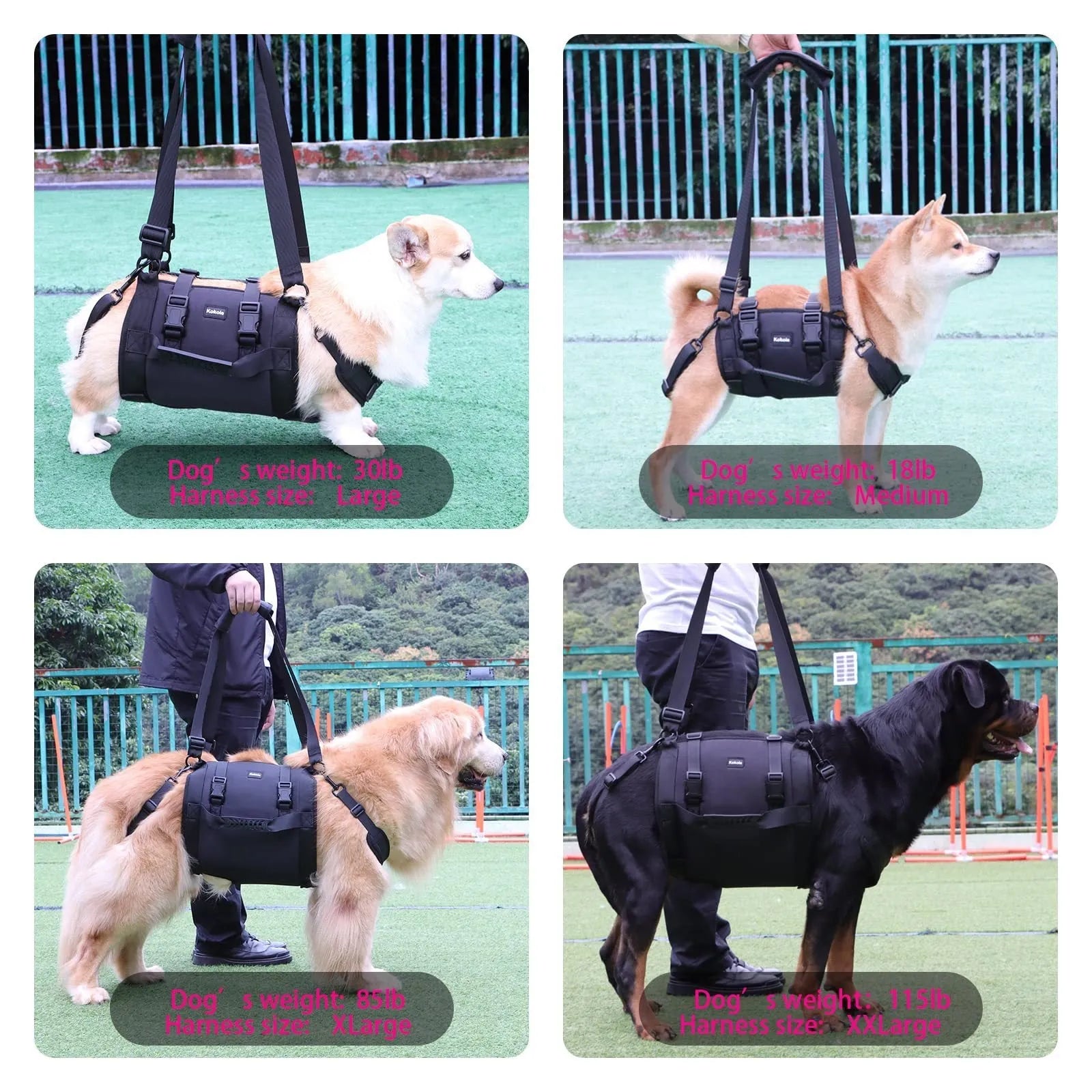 Black Oxford cloth dog harness with leg support and adjustable breast strap for rehabilitation