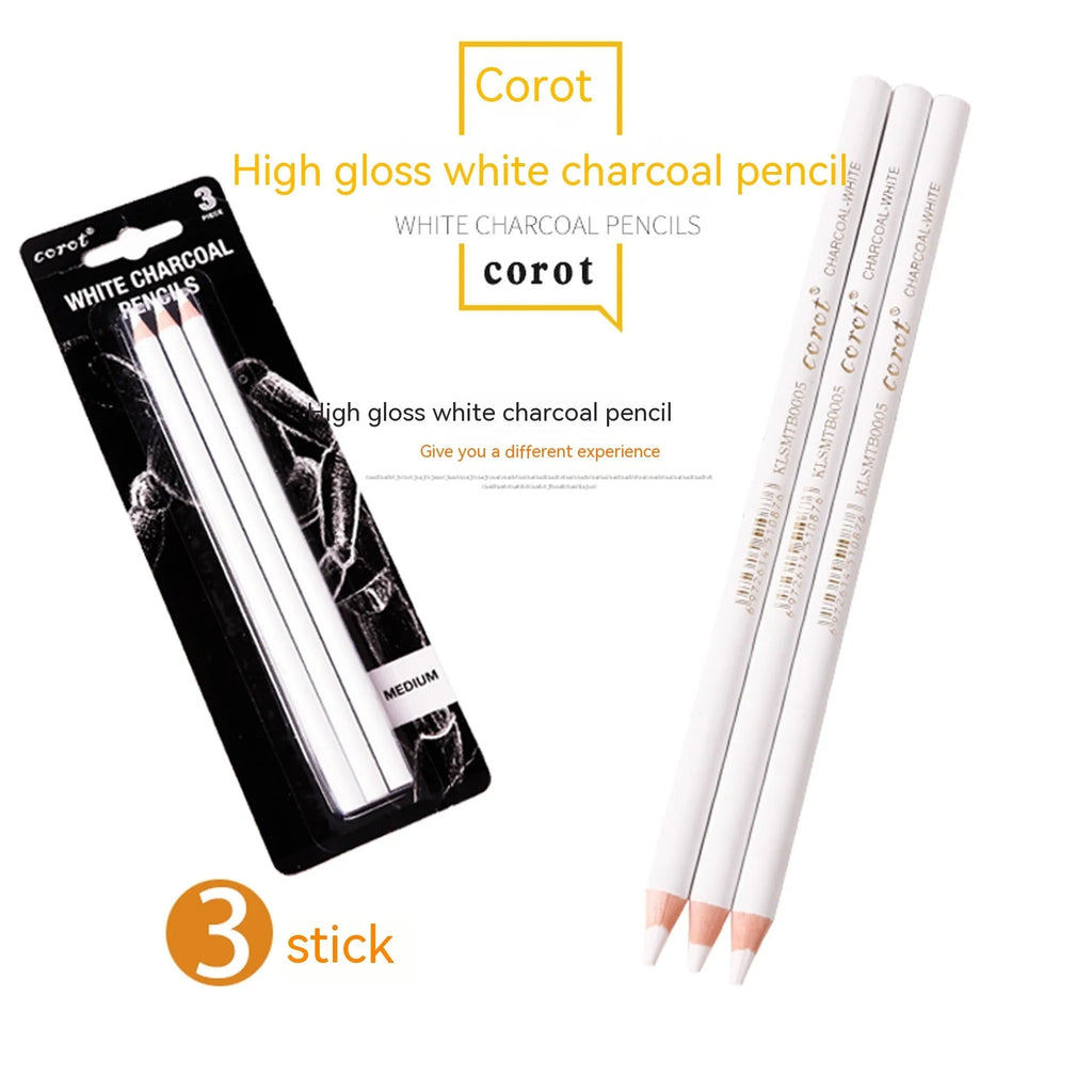 Set of three white charcoal drawing pencils with wooden barrels for sketching on dark paper.