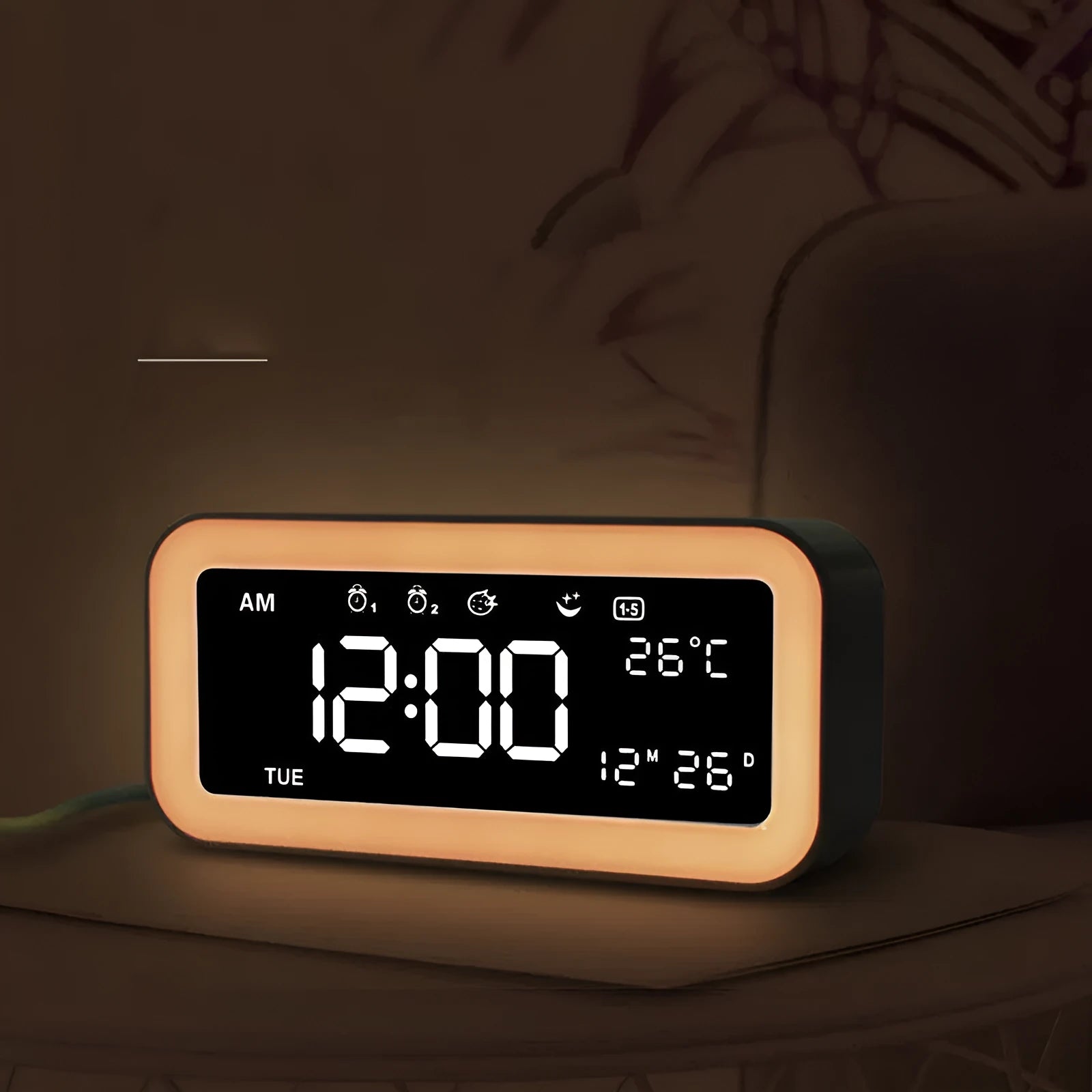 Rectangular digital alarm clock with LED atmospheric lighting and music function in blue colour option