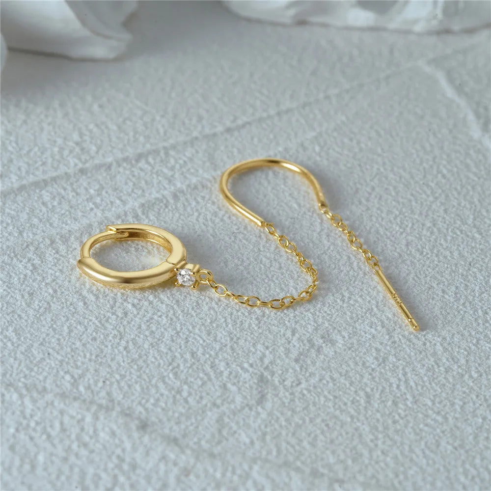 S925 sterling silver geometric ear clip stud earrings with flower, tassel, and chain design in golden electroplated finish.
