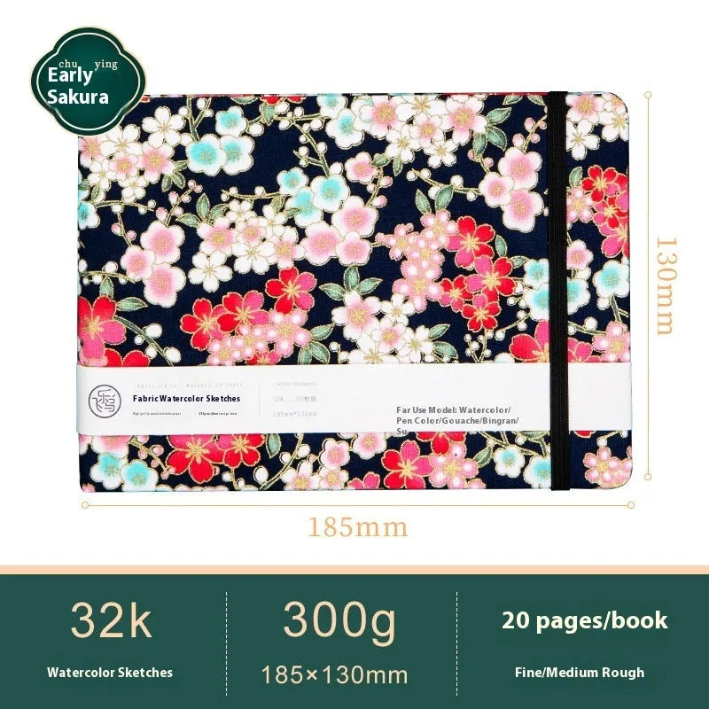 Feiluniao handmade fabric watercolour notebook in 185mm portable size, showing artistic cover design.