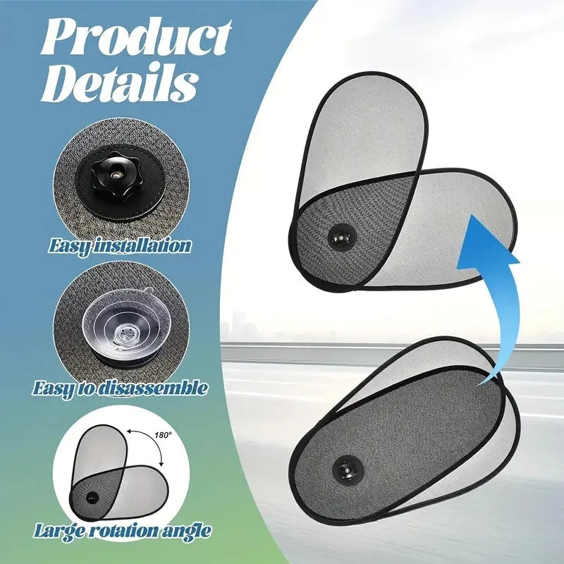 Black breathable mesh car side window shade stretched over glass with visible suction cups.