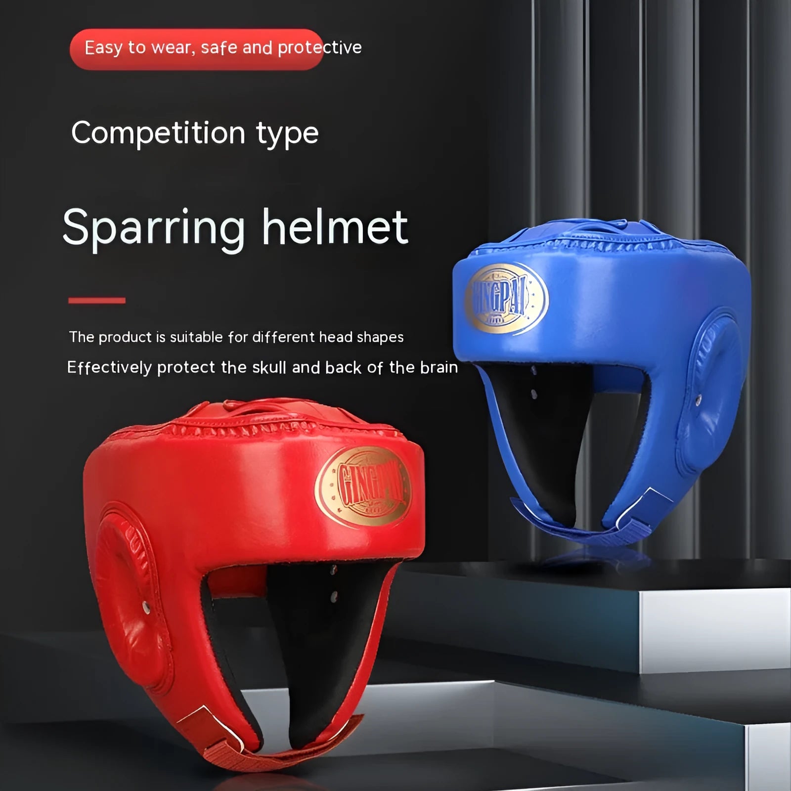 Fully enclosed PU boxing helmet with jaw protection in black, front view