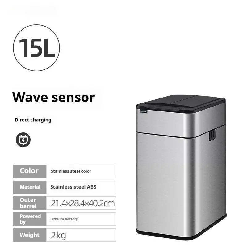 Stainless steel inductive smart trash can with deodorant, square shape, large capacity for kitchen