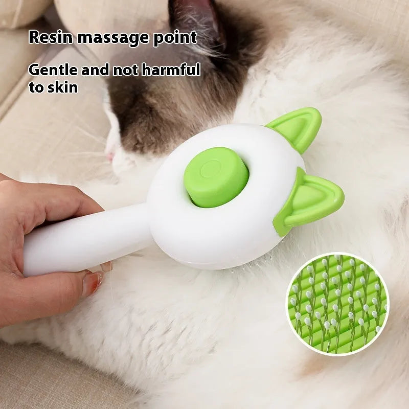 Self-cleaning pet grooming brush with stainless steel bristles and TPR massage tips in greenish white colour