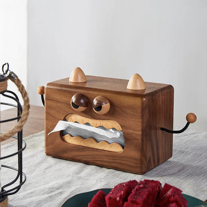 Little Monster cartoon design wooden tissue box with walnut beech finish