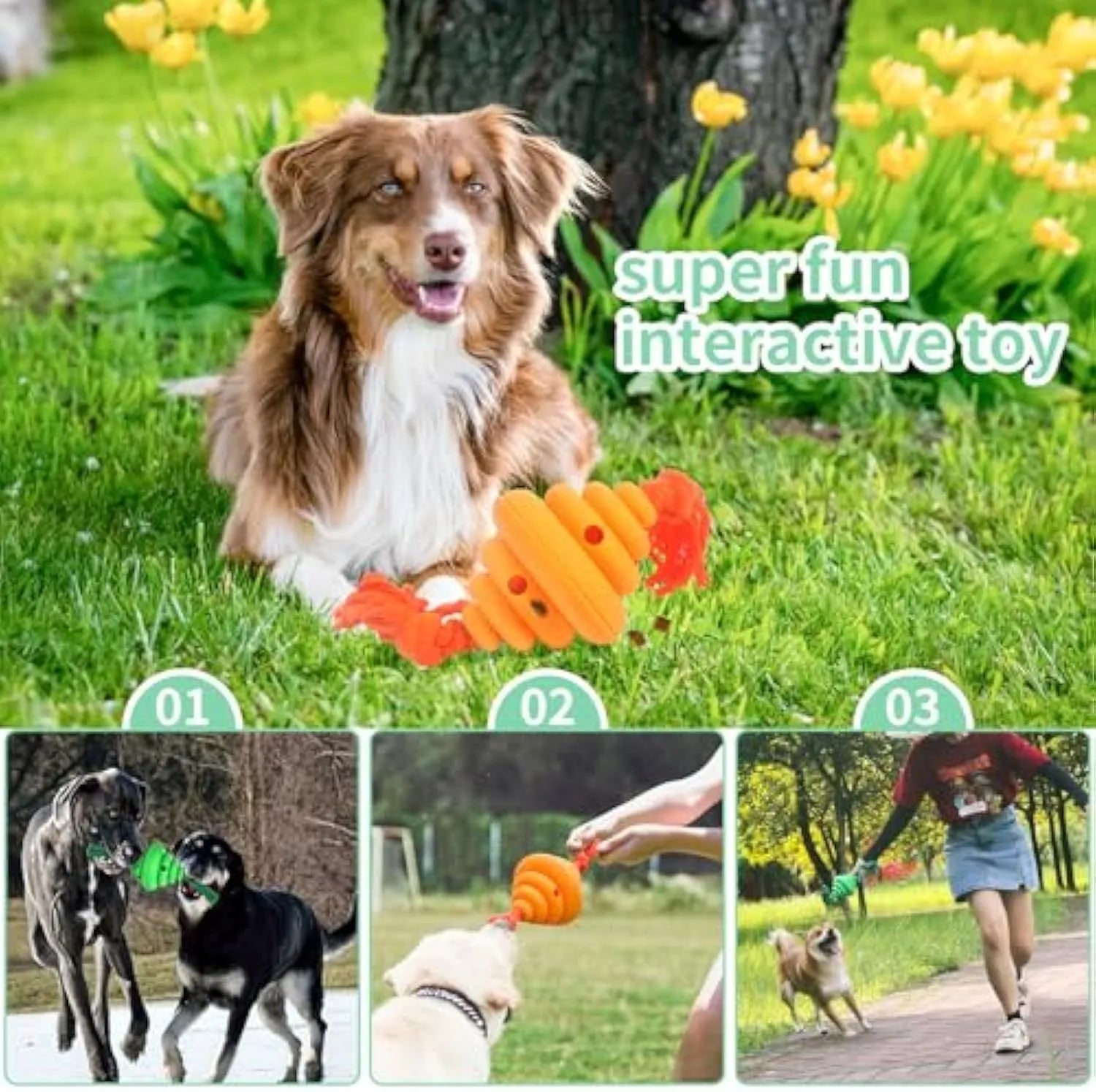 Green and yellow silicone dog ball with rope, showing split spiral design for treat dispensing