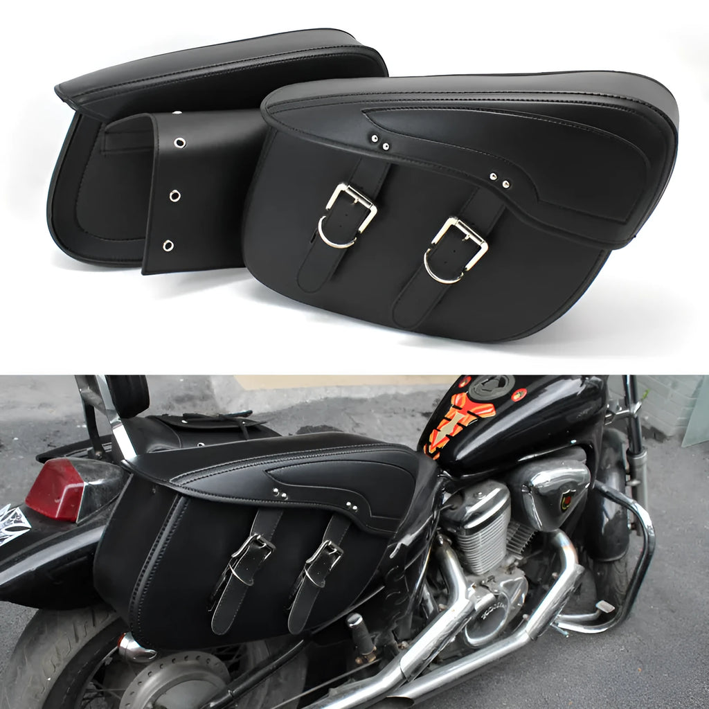 Retro motorcycle saddle bag in PU leather showing side box design with 42cm width