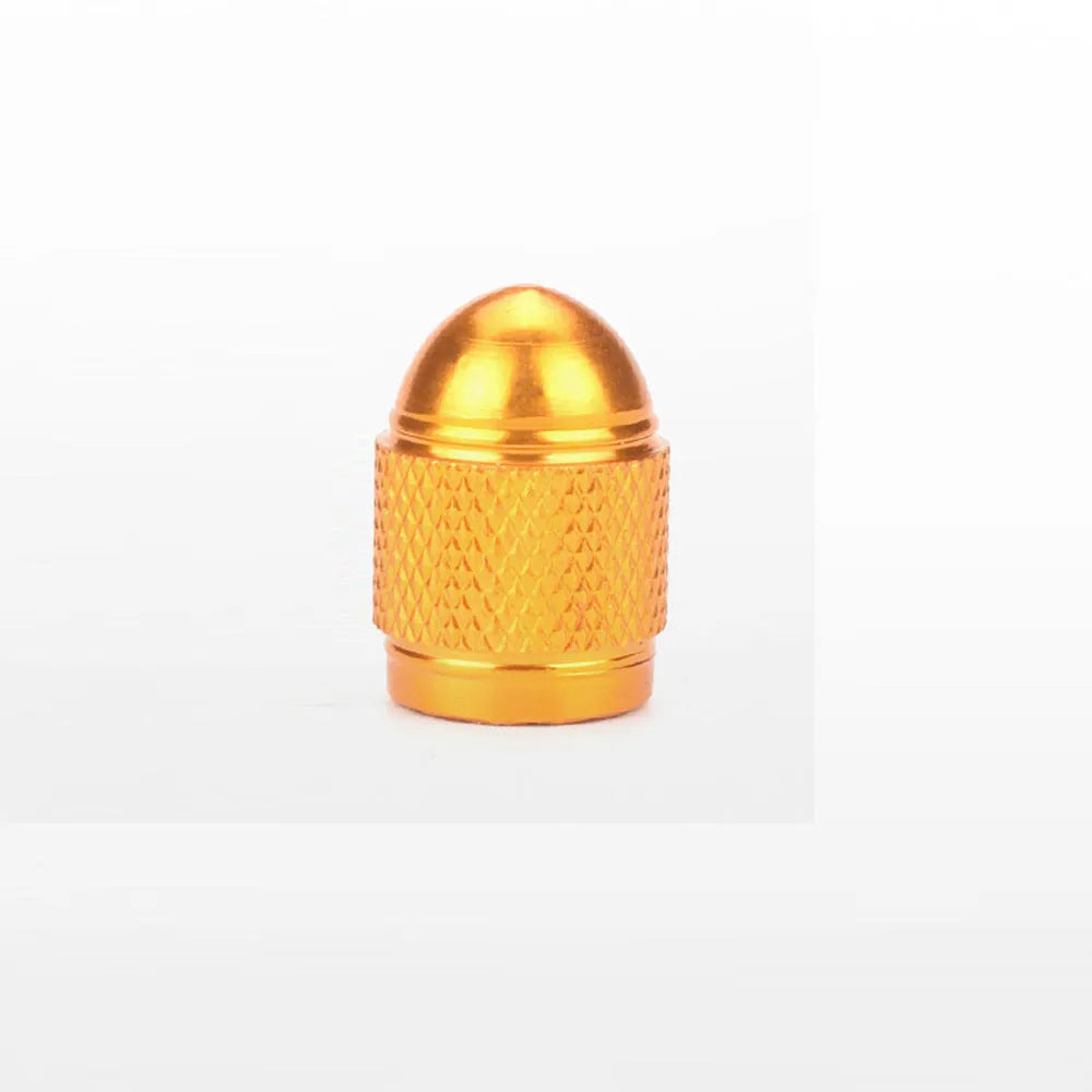 Aluminium mountain bike tyre valve dust cap in gold, red, silver, blue, and black colours.