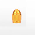 Aluminium mountain bike tyre valve dust cap in gold, red, silver, blue, and black colours.