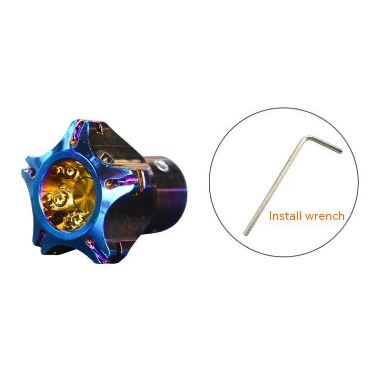 Motorcycle key covers in hexagonal, pentagram and plum blossom designs with blue and white keychains